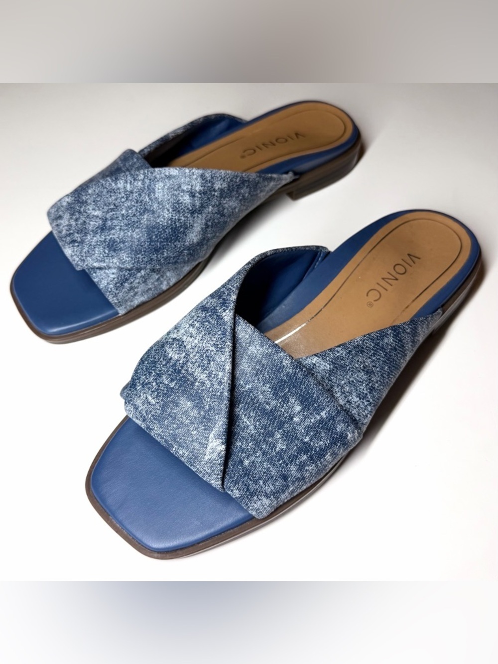 Vionic Womens Miramar Denim Peep-Toe Slide Sandals Size- 7